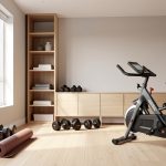 Salle de sport lumineuse aménagée à domicile avec tapis, haltères, vélo d’appartement et rangements en bois.