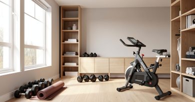 Salle de sport lumineuse aménagée à domicile avec tapis, haltères, vélo d’appartement et rangements en bois.