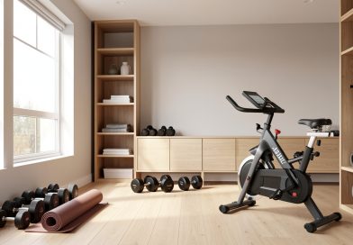 Salle de sport lumineuse aménagée à domicile avec tapis, haltères, vélo d’appartement et rangements en bois.