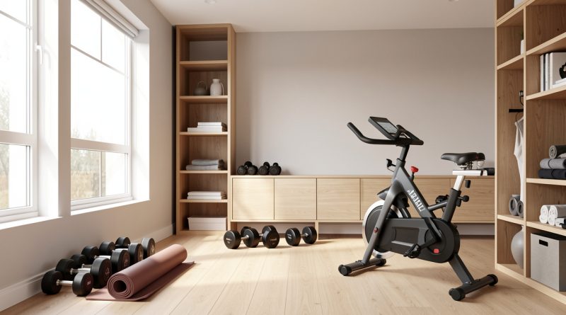 Salle de sport lumineuse aménagée à domicile avec tapis, haltères, vélo d’appartement et rangements en bois.