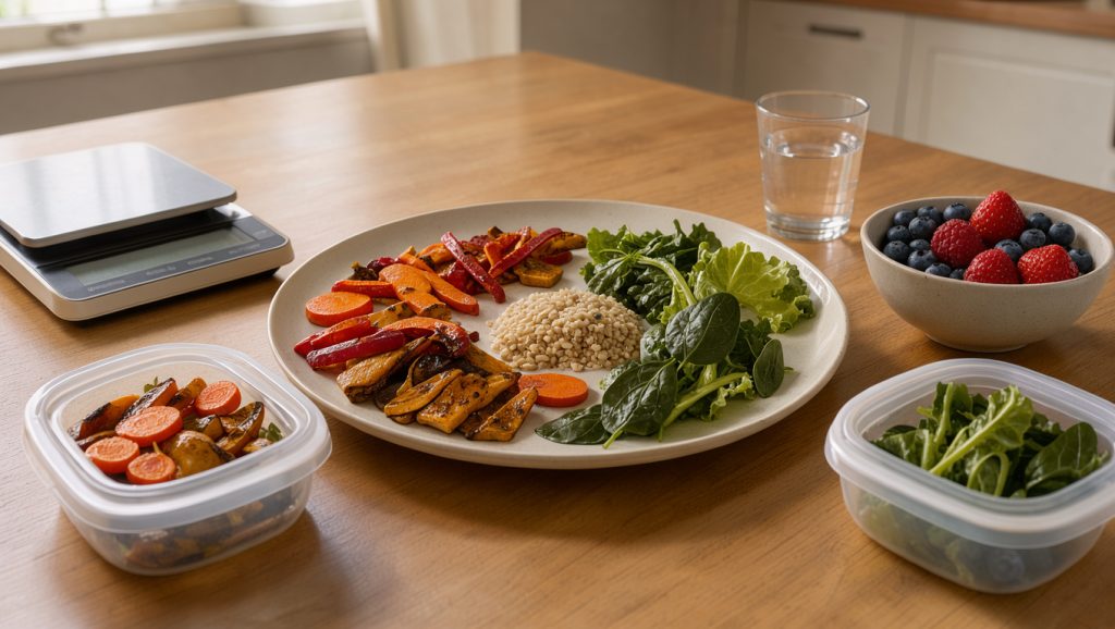 Repas équilibré composé de légumes rôtis, salade verte, céréales complètes et fruits rouges, présenté sur une table en bois avec des contenants réutilisables.