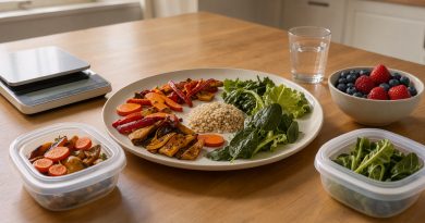 Repas équilibré composé de légumes rôtis, salade verte, céréales complètes et fruits rouges, présenté sur une table en bois avec des contenants réutilisables.