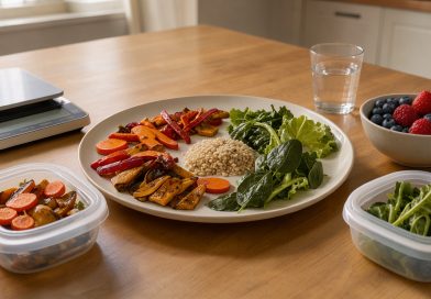 Repas équilibré composé de légumes rôtis, salade verte, céréales complètes et fruits rouges, présenté sur une table en bois avec des contenants réutilisables.