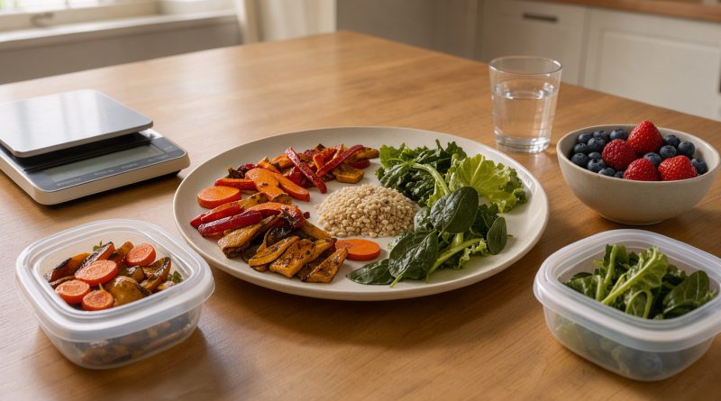 Repas équilibré composé de légumes rôtis, salade verte, céréales complètes et fruits rouges, présenté sur une table en bois avec des contenants réutilisables.