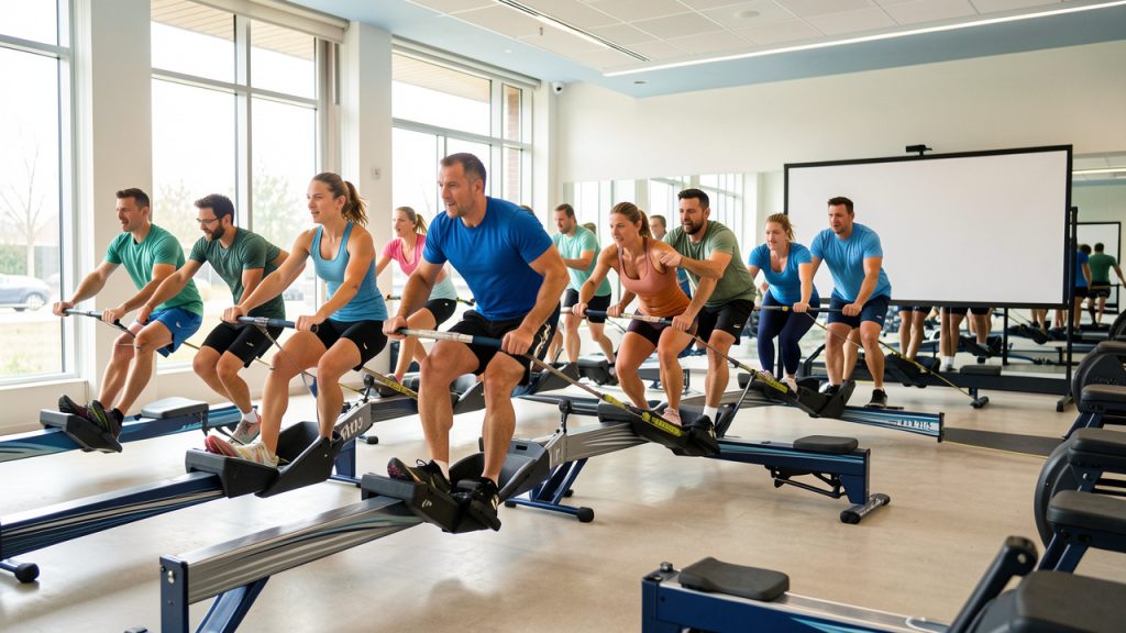 Groupe mixte de sportifs réalisant un relais sur des rameurs dans une salle lumineuse, avec un panneau de collecte solidaire sans inscription visible.