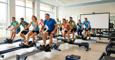 Groupe mixte de sportifs réalisant un relais sur des rameurs dans une salle lumineuse, avec un panneau de collecte solidaire sans inscription visible.