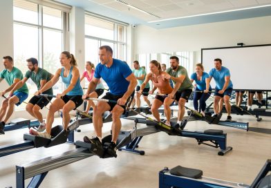 Groupe mixte de sportifs réalisant un relais sur des rameurs dans une salle lumineuse, avec un panneau de collecte solidaire sans inscription visible.