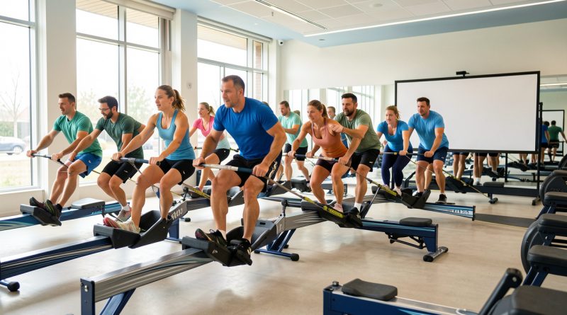 Groupe mixte de sportifs réalisant un relais sur des rameurs dans une salle lumineuse, avec un panneau de collecte solidaire sans inscription visible.
