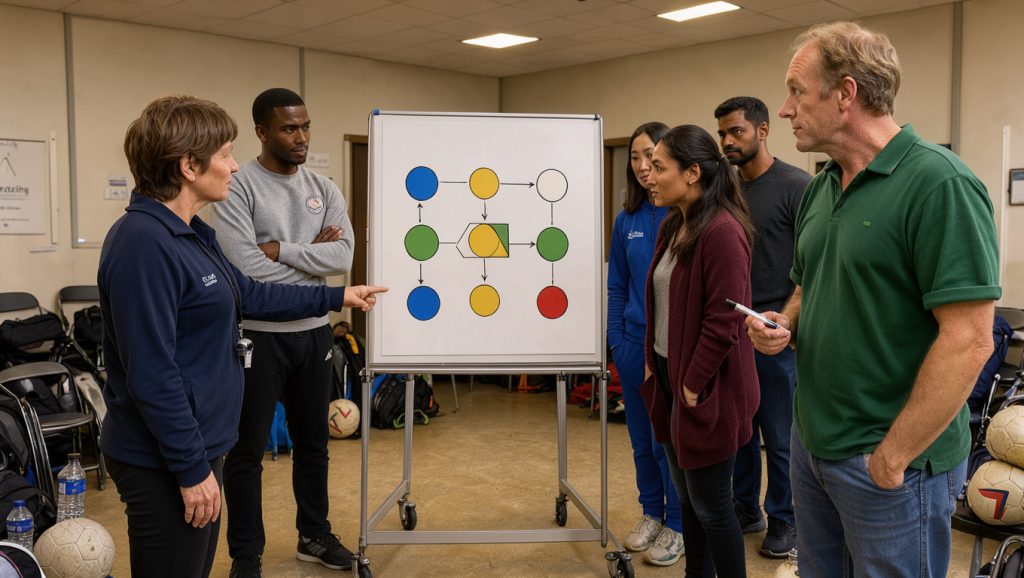 Des entraîneurs et bénévoles réunis dans un club sportif français autour d’un tableau vierge illustré de formes abstraites, dans une ambiance professionnelle et attentive.
