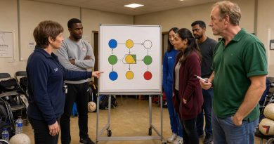 Des entraîneurs et bénévoles réunis dans un club sportif français autour d’un tableau vierge illustré de formes abstraites, dans une ambiance professionnelle et attentive.