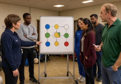 Des entraîneurs et bénévoles réunis dans un club sportif français autour d’un tableau vierge illustré de formes abstraites, dans une ambiance professionnelle et attentive.