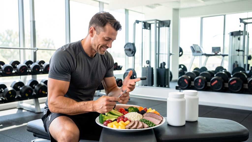 Un sportif amateur compare des compléments alimentaires sans étiquette à une assiette composée d’aliments sains sur un banc dans une salle de musculation lumineuse.