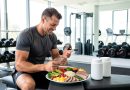 Un sportif amateur compare des compléments alimentaires sans étiquette à une assiette composée d’aliments sains sur un banc dans une salle de musculation lumineuse.
