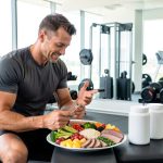 Un sportif amateur compare des compléments alimentaires sans étiquette à une assiette composée d’aliments sains sur un banc dans une salle de musculation lumineuse.