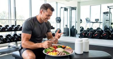 Un sportif amateur compare des compléments alimentaires sans étiquette à une assiette composée d’aliments sains sur un banc dans une salle de musculation lumineuse.