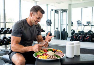 Un sportif amateur compare des compléments alimentaires sans étiquette à une assiette composée d’aliments sains sur un banc dans une salle de musculation lumineuse.