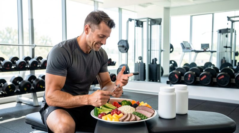 Un sportif amateur compare des compléments alimentaires sans étiquette à une assiette composée d’aliments sains sur un banc dans une salle de musculation lumineuse.